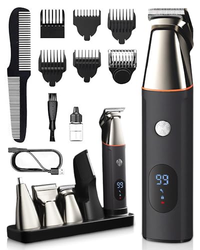 Cordless Hair Clipper for Men, 5 in 1 Rechargeable Beard Trimmer Men, IPX6 Waterproof Mens Grooming Kit, Electric Hair Cutting Kits with Magnetic Suction, LED Display, USB Charging,Men's Gifts