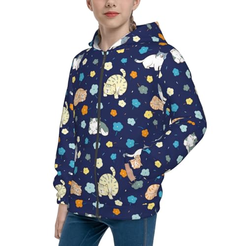 Cartoon Cat and Flower Kid Hoodies Boys Zip Up Sweatshirts Girls Pullover with Pocket
