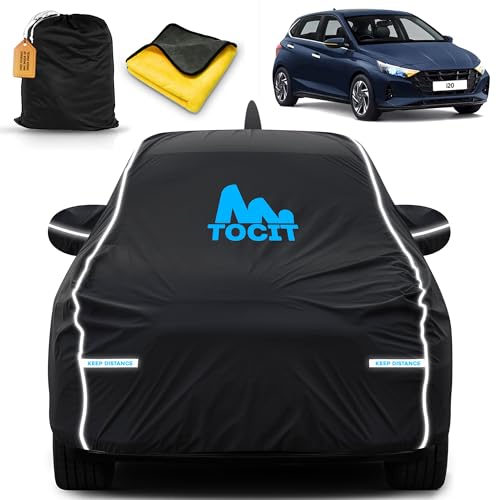 Image of New I20 Waterproof Long Life Car Cover with Safety Glow Reflective Strap, Premium Stretchable Velvet Velour Fabric, Machine Washable, Tri-Stitch Custom Fit with Mirror & Antenna Pocket