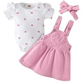 Asmea Baby Kleidung Mädchen 0-3 Monate Sommer Neugeborene Babykleidung 3tlg HerzenKurzarm Baby Strampler Hosenträgerrock Haarband Set Baby Outfit Mädchen Geschenk für Shooting Taufe Geburtstag Rosa