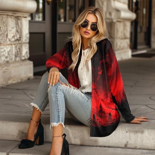 Image of Forchrinse Red Ladybug Cardigan for Women Causal Long Sleeve Open Front Cardigans Sweater Fashion 2024 Fall Coat with Pockets