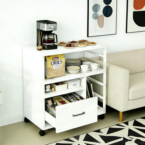 Coffee Corner Storage Cabinet, Home Coffee Bar Cabinet with Wheels, Buffet Sideboard Stand, Kitchen Cabinets Baker Rack for Living Room, Office, Kitchen Island Bar Table (White)