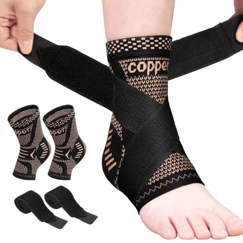 Copper Ankle Brace Plantar Fasciitis Socks -2 Pack Ankle Copper Infused Support Achilles Tendonitis Relief, Heel Support for Men and Women with Adjustable Strap for Foot Swelling and Compression -Size M