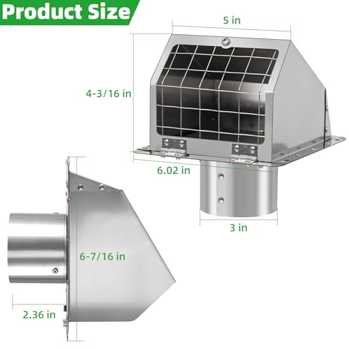 3 Inch Dryer Vent Cover Outside with Mesh and Damper,304 Stainless Steel Wall Vent Exhaust Vent Cover,3" Metal Dryer Vent Cover,Exterior Dryer Vent Hood Cap for Laundry Dryer Range Hood AC Air Vent by JYINCPED - Used condition - Image 2