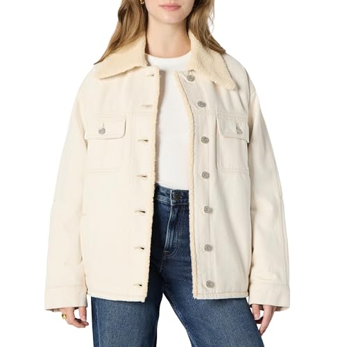 Amazon Essentials Women's Oversized-Fit Faux-Shearling Lined Denim Jacket, Ecru, Large