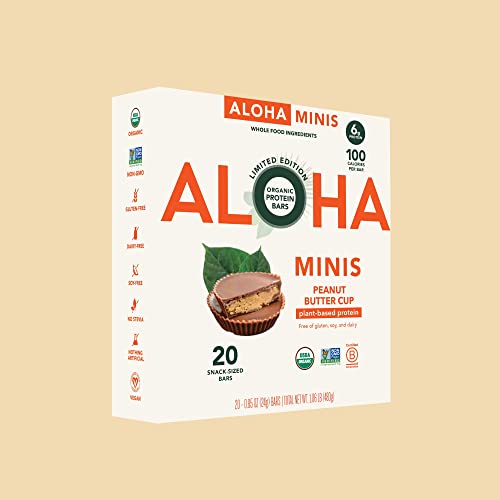 Aloha Organic Plant Based Protein Bar Minis |Peanut Butter Cup | 20 Count, 24G Bars | Vegan, Low Sugar, Gluten Free, Paleo, Low Carb, Non-Gmo, Stevia Free, Soy Free, No Sugar Alcohols #TOP4