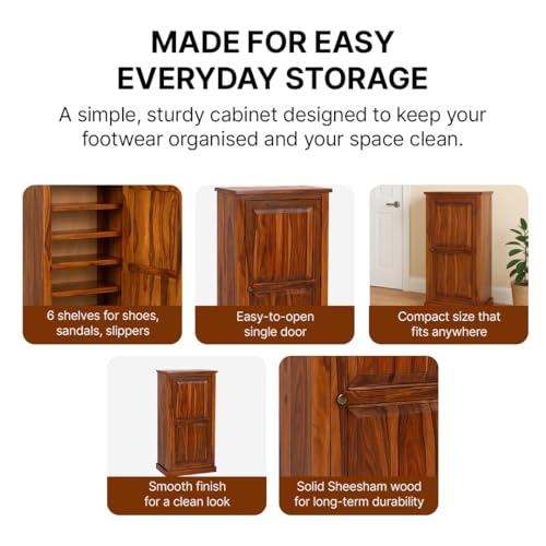 Image of Solid Sheesham Wood Shoe Cabinet with Door, 6 Shelves, Natural Finish | Multi-Purpose Storage Cabinet, Holds 12-15 Pairs of Shoes, No Assembly Required