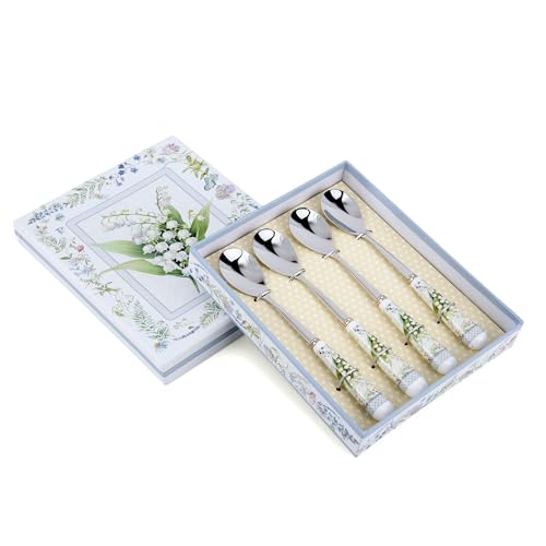 Coffee/Tea Spoon with Ceramic Handle Set of 4 in Gift Box (Lily of the Valley)