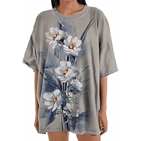 Oversized Tshirts for Womens Graphic Sunflowerfeather Lotus Flowers Printe Short Sleeve Shirts Crewneck Tops Tees, A-khaki, Large Cover