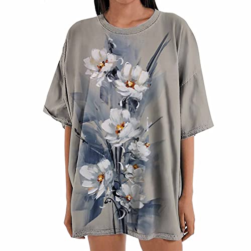 Übergroße T-Shirts für Damen, mit Sonnenblumenfeder, Lotusblüten, kurzärmelig, Rundhalsausschnitt, Tops, A-Khaki, Groß Cover