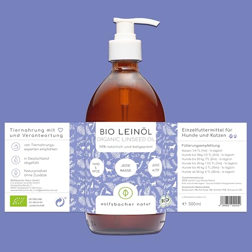 Wolfsbacher Natur Bio Leinöl – Hochwertiges Leinöl für Hunde und Katzen, kaltgepresst aus Deutschland, DE-ÖKO-060, Leinöl 500ml