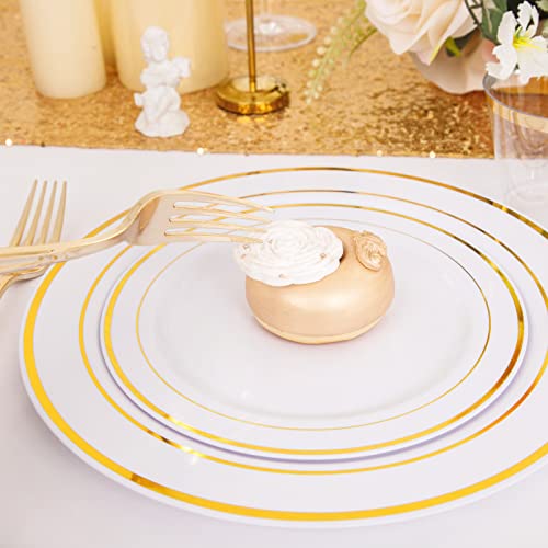 I00000 150Pcs Gold Plastic Plates, Disposable Gold Dinnerware Set Include 25 Gold Dinner Plates,25 Gold Dessert Plates,25 Gold Forks,25 Knives,25 Spoons,25 Cups,White Plastic Gold Rim Plates For Party #TOP1