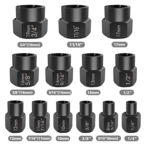 Image of Eapele 13pcs Bolt Extractor Set, Stripped Nut Remover Twist Sockets, Fit 3 /8 inch Square Drive with Solid Storage Case, Stripped Bolt Extractor (13pcs, Black)