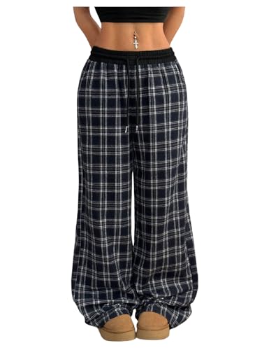 SOLY HUX Women's Plaid Checkered Pants Wide Leg Baggy Flannel Pajama Pants Cute Lounge Elastic Trousers with Pockets4