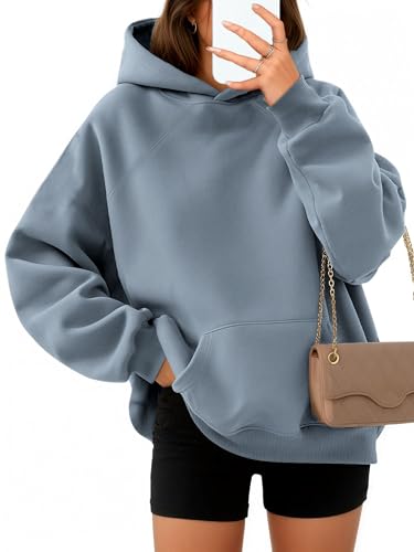 Timuspo Oversized Hoodie Casual Langarm Kapuzenjacke Bequeme Pullover Damen Baumwolle Einfarbig Sweatshirt mit Kapuze Herbst Winter Basic Hoody Blau M