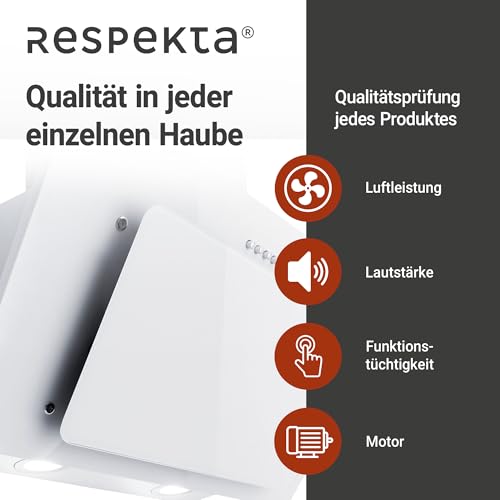 Respekta Dunstabzugshaube kopffrei / Dunstabzugshaube schräg 60 cm / Metallgehäuse mit Glasschirm in Weiß / Abluft - und Umluftfunktion / CH33060WB / B / 51 – 63,5 dB