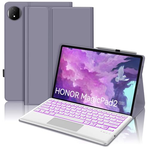 Funda con Teclado para Honor Magic Pad 2 12.3 Pulgadas 2024 con Touchpad, Retroiluminado de 7 colores, Teclado Español Ñ Bluetooth Magnético Extraíble para Honor Magic Pad 2 12.3' 2024, Lavanda