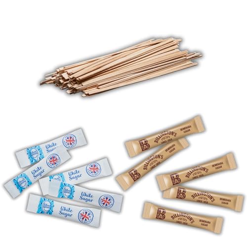 300 Pack – 100 SilverSpoon White Sugar Sachets, 100 Billington's Brown Sugar Sachets, 100 Wooden Coffee Stirrers | Individually Wrapped Sugar Sticks & Stirrers Set | Espresso Yourself