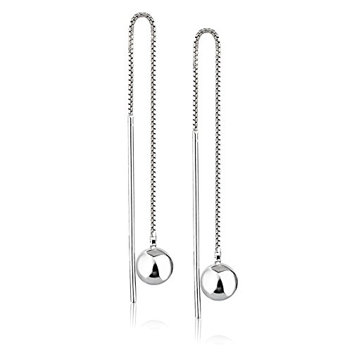 925 Sterling Silver Round Ball Bead Minimalist Bar Threader Long Dangle Statement Earrings, 78mm