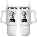 GABSHAIM Custom White Tumbler Dog Travel Mug with Handle & Straw Lid Double-layer Insulation Double Sided Printed Travel Coffee Cup Staffordshire Terrier Pattern Design 40 oz