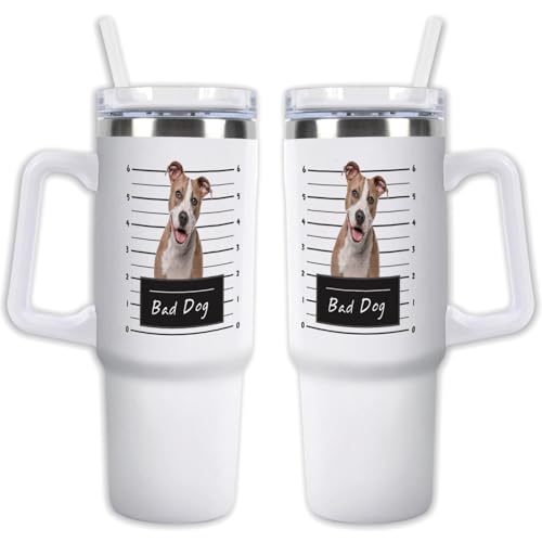 GABSHAIM Custom White Tumbler Dog Travel Mug with Handle & Straw Lid Double-layer Insulation Double Sided Printed Travel Coffee Cup Staffordshire Terrier Pattern Design 40 oz