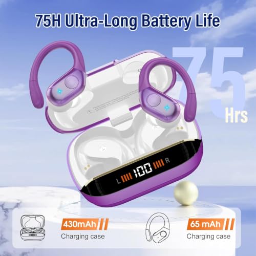Image of 75H Sports Wireless Earbuds Bluetooth 5.4 Headphones Stereo, Dark Purple