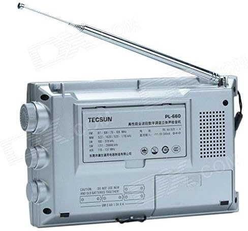 Tecsun PL-660 radio with the stainless steel replacement antenna fully extended and angled for reception.