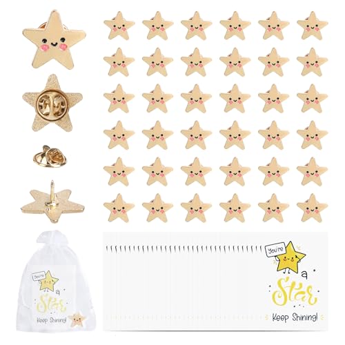 36 Set Gold Star Pins Employee Appreciation Gifts Pins Bulk with Greeting Cards and Bag for Coworker Thank You Employee Recognition Christmas Party Gifts