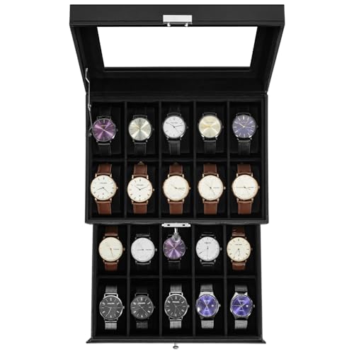 Uten Watch Box 20 Slots, 2-Tier Watch Case with Key Lock, Glass Lid, Watch Display Storage Box for Men and Women, Black Synthetic Leather, Black Velvet Lining, Removable Pillows, Gift Idea