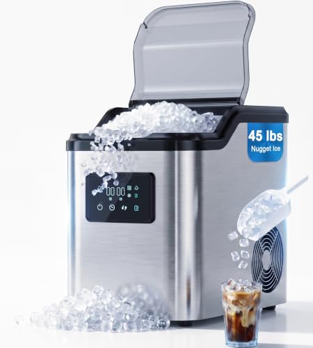 Image of Landeagle Nugget Ice Makers Countertop,Portable Pebble Ice Machine with Crushed Ice,45lbs /Day Soft Pellet Ice Maker Stainless with 24H Timer, Self-Cleaning Chewable Sonic Ice for Home,Kitchen,Office