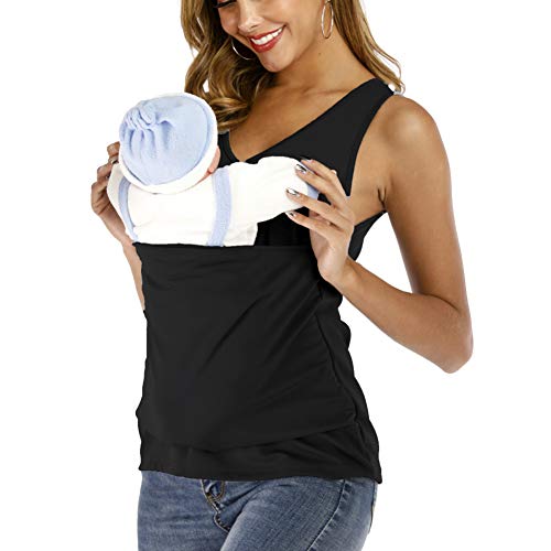 amropi Camisetas Para Mujer Bebé Portador Camisetas sin Mangas V Cuello Canguro Tank Tops(Negro,M)