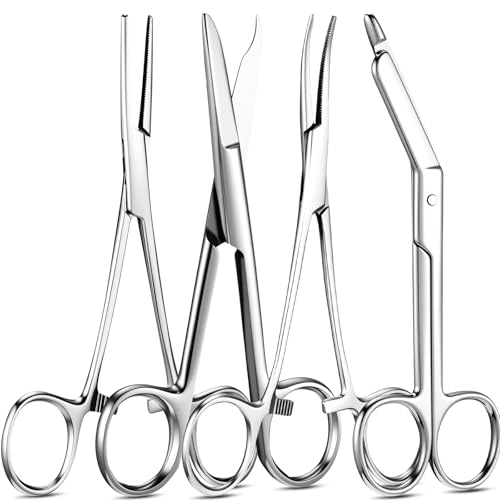 Image of BBTO Hemostat Curved and Straight Hemostat Forceps Piercing Pliers Forceps, Stainless Steel Straight and Curved Pliers, Fishing Tweezer(Silver,4 Pcs)