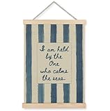 Yomisex Inspirational Christian Coastal Wall Art Poster, I Am Held By The One Who Calms The Seas Blue Beige Stripe Christian Ocean Beach Bible Verse Wall Art Framed for Home Church Decor, 12x16 Inch