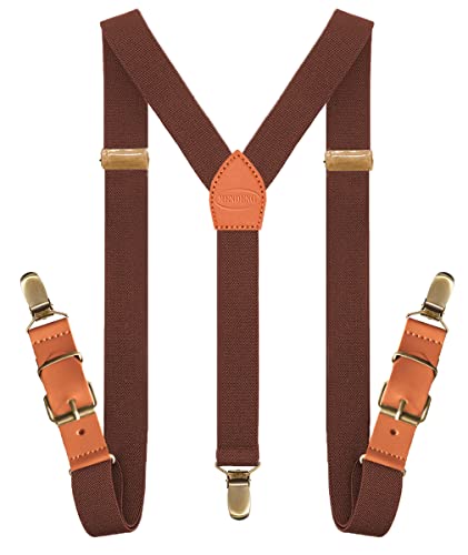 MENDENG Adjustable Suspenders for Men Bronze Metal Clips Braces with Leather, Brown Leather/Coffee, One Size