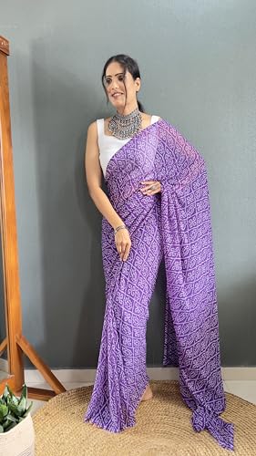 ساري نسائي مطبوع من قماش جورجيت جاهز للارتداء مع بلوزة غير مخيطة RTW Paan Purple Free من ستايلسكوب، مقاس واحد