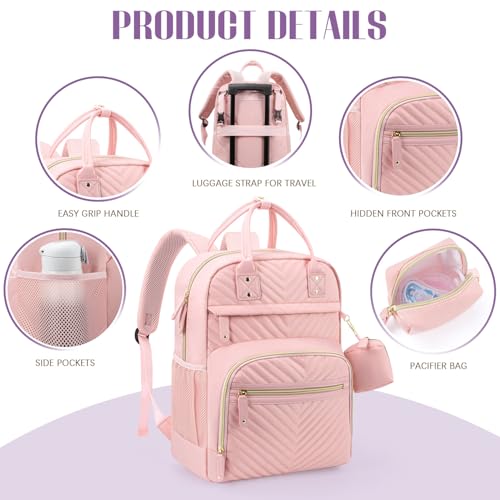 Image of Tuwubi Diaper Bag Backpack with Changing Pad,Baby Essentials, Multi function Waterproof Backpack with Stroller Straps & Pacifier Case Light Pink