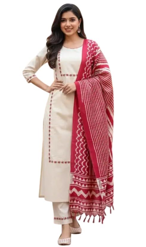 Women's Khadi Cotton Embroidered Kurta, Pant, and Silk Blend Dupatta Set – Ethnic Suit for Festive & Casual Wear