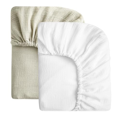 Image of SOULFUL Muslin Crib Sheets for Boys Girls, 2 Pack Soft and Breathable Cotton Fitted Crib Sheets for Standard Crib Mattress (28"x 52", White & Mist Sage)