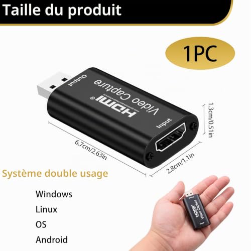 Carte de Capture Vidéo HDMI USB 1080P, Adaptateur HDMI vers USB, Carte d'Acquisition Vidéo pour Streaming, Adaptateur USB HDMI Plug & Play pour PC Console Caméra Compatible OBS Youtube et Twitch – vue 2