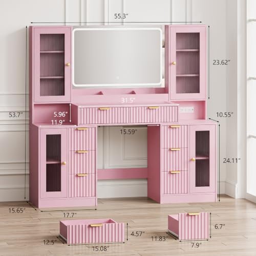 Image of 55 inch Makeup Vanity Desk with Mirror and Lights, Glass Top, Pink | Built-In Charge Station, 8 Drawers Large Storage, RGB Glass Cabinets & LED Mirror, Perfect Bedroom Vanity for Women & Girls