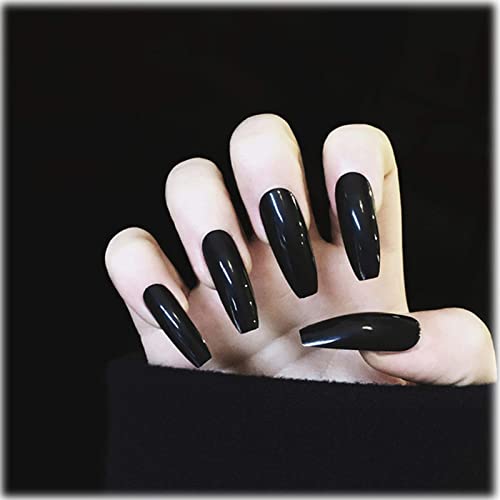 TseenYi - Uñas postizas negras extralargas, punk, cuadradas, brillantes, con clip, puntas para uñas, fiesta de graduación, Halloween, uñas acrílicas, arte para mujeres y niñas, 24 unidades (negro)