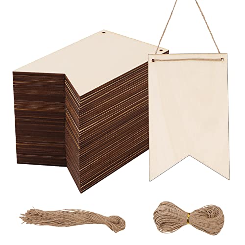 WOWOSS 48 Stück Naturholzschilder Holzbanner,Unlackiert,hop-Kerzenbanner,Hängende Holzschilder,Holzscheiben,Dekorative Türschilder,Rustikale Schilder DIY für Heimdekoration,14,5 x 9,2 x 0,2 cm Cover