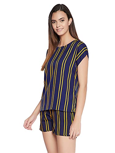 Image of Clovia Women's Crepe Sassy Stripe Top & Shorts Set - Navy Blue