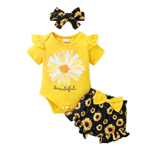 Image of Tiny Cutey Baby Girl Clothes Infant Summer Outfits Set Ruffle Sleeve Romper and Floral Shorts with Headband