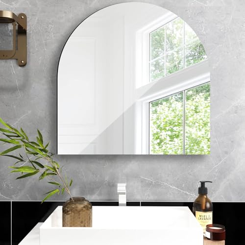 DRERIO 50cm Wall Mirror Arch HD Self Adhesive Glass Mirror, Large Arched Glass 20'' Makeup Frameless Half-circle Adhesive Tile Mirrors, for Bathroom Living Room Entryway Hallway Dressing Table