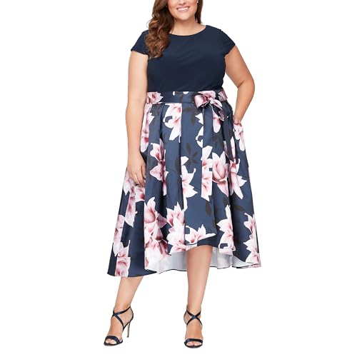 Image of S.L. Fashions Women's Plus Size Tea Length Tuck Neck Fit and Flare Dress