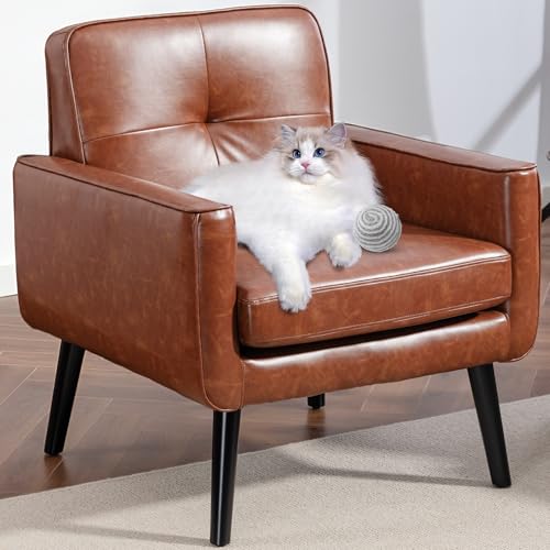 Mid Century Accent Chair, PU Leather Modern Chair with Wooden