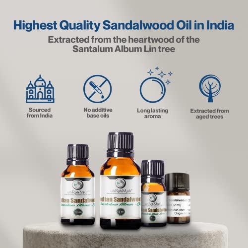 Uh*Roh*Muh Premium Mysore 15 Ml Sandalwood Essential Oil - 100% Natural Sandalwood Oil With Long-Lasting, Intense Santalol Fragrance | Therapeutic Quality, Calming And Soothing For Mind And Body #TOP2