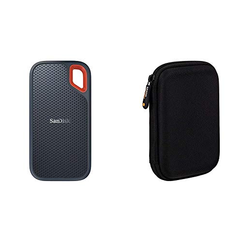 SanDisk Extreme Portable SSD externe Festplatte 1TB (SSD extern 2,5 Zoll, 550 MB/s Übertragungsraten, AES-Verschlüsselung,wasser-und staubfest) grau & Amazon Basics Schutzhülle für externe Festplatten