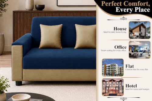 Image of Modern 3 Seater Sofa | Contemporary Upholstered Couch | Premium Cushioned Seating | Stylish Armrest Design | Comfortable Sofa for Living Room, Bedroom & Office - Blue + Beige Color